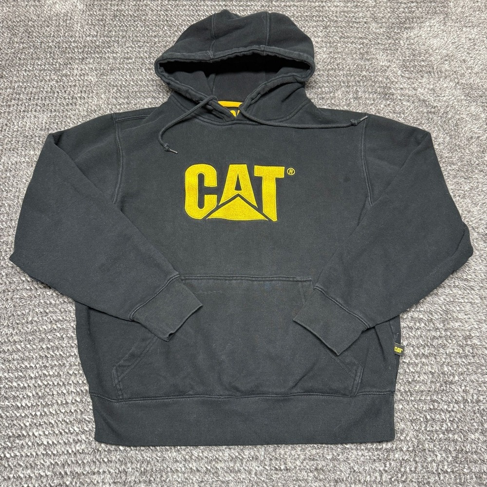 CAT‎ Mens Hoodie Size M Faded Black Pullover Sweatshirt Embroidered Logo